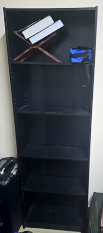 Tall black 5-shelf bookcase / shelving unit — good used condition