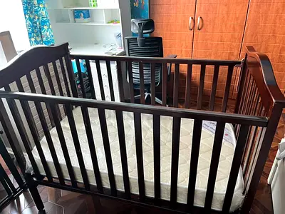 Dark Wood Baby Crib with Mattress - Good Condition