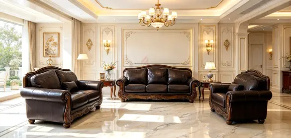 Genuine leather 3-piece classic sofa set with carved wood trim