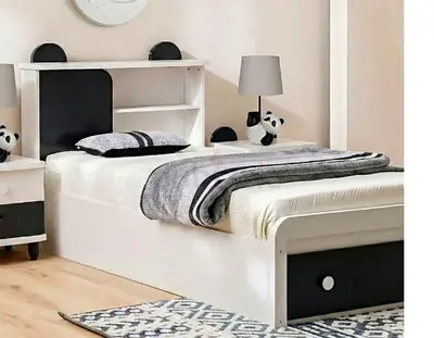In it's original cartoon. Single Kids Bed with Headboard Storage and Nightstand - White & Black