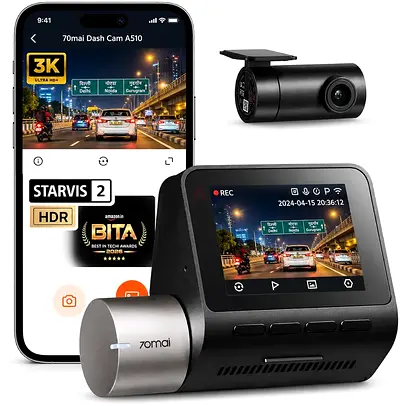 70mai A510 HDR 3K Dual Channel Dash Cam, STARVIS 2 IMX675 Sensor, ADAS, Built-in GPS Logger, Route R