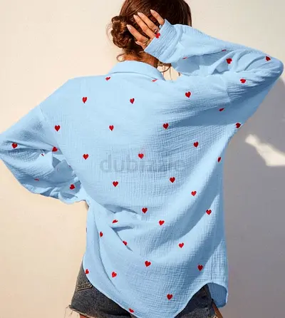 Light Blue Cotton Shirt with Red Heart Print - Size M
