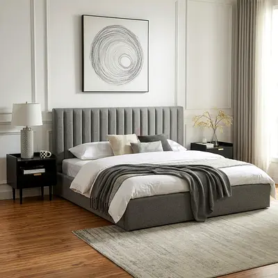 Valvet upholstered King bed with paded headboard