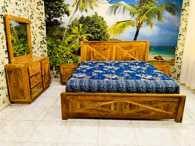 Solid Wood Bed Frame with Dresser and Nightstand - Rustic Finish (Queen)