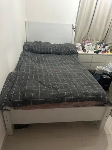 White wooden single/double bed frame with mattress (good condition)