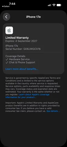 iPhone 17e with Active Limited Warranty (Expires Sep 4, 2027) 100% battery