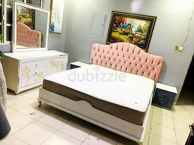 White Wooden Bed with Pink Tufted Headboard and Mattress - Good Condition