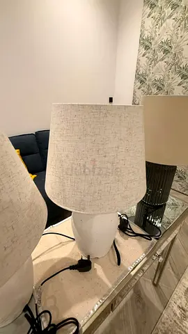 2 white lambs Pair of White Ceramic Table Lamps with Fabric Shades - Good Condition