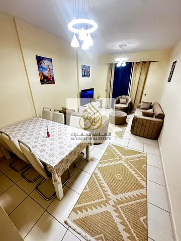 Monthly rental in Ajman, Al Nuaimiya 2 (next to Safeer Mall). Family-friendly building; fully furnished unit featuring two rooms, a living area, a bal