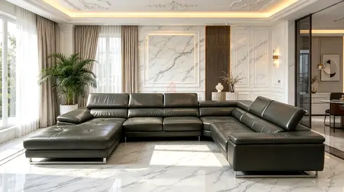 Large L-shaped Leather Sectional Sofa with Chaise - Modern Dark Grey