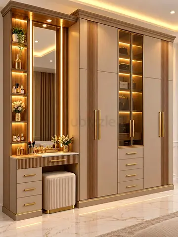 Large built-in wardrobe with illuminated display and vanity unit