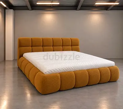 Modern Upholstered Double Bed with Padded Headboard - Mustard