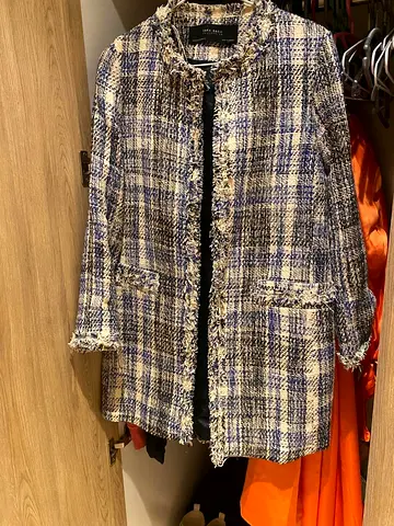 Zara Tweed Long Jacket / Coat - Size S, Blue & Beige