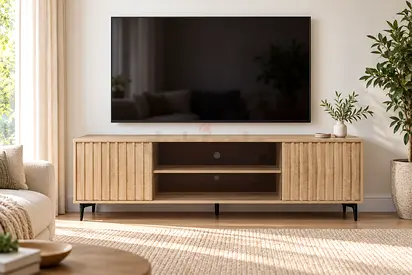 Modern Light Oak TV Stand – Stylish Wooden TV Cabinet with Storage Shelves