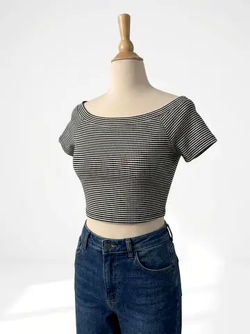 Zara Black & white striped off-shoulder cropped top, size S