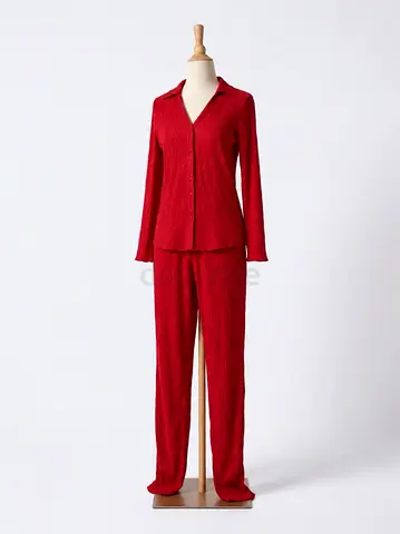 Red two-piece women's lounge set — long sleeve shirt and pants, size medium .