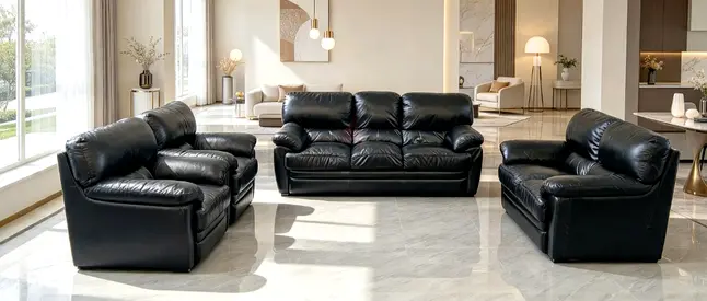 Black Leather 3-Seater Sofa with Matching 2-Seater and Armchair - Good Condition