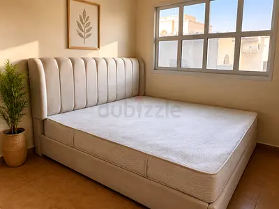 King Size Beige upholstered bed with mattress - excellent condition