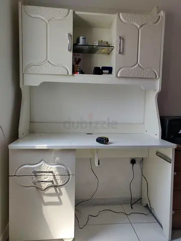 White wooden study desk with hutch and storage