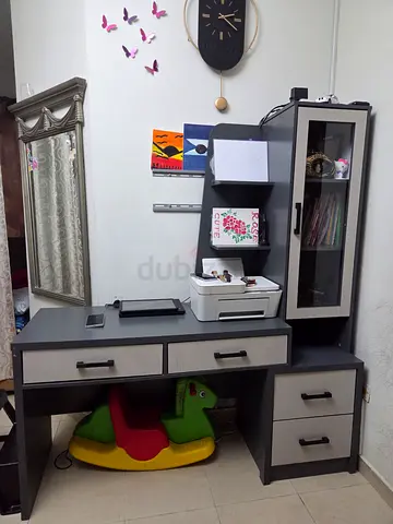 Grey and Beige Home Office Desk with Storage Shelves and Drawers