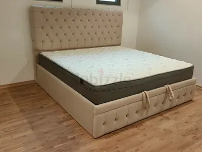 Super King size upholstered storage bed with mattress - beige