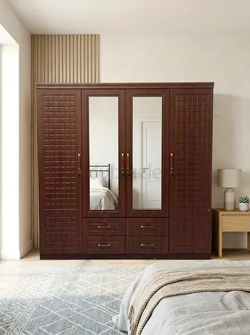 4-Door Wooden Wardrobe with Mirrors and Drawers - Dark Brown