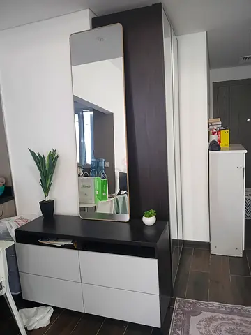 Modern hallway console with mirror and storage drawers