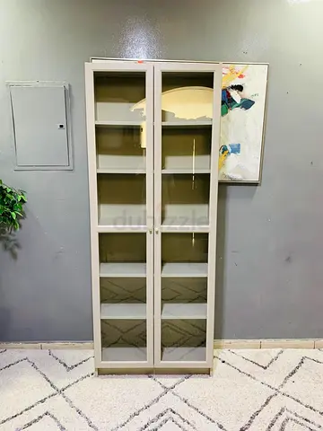 Slim Glass-Front Storage Cabinet with Shelves - Neutral Beige