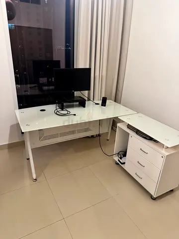 White tempered glass desk with chest of drawers