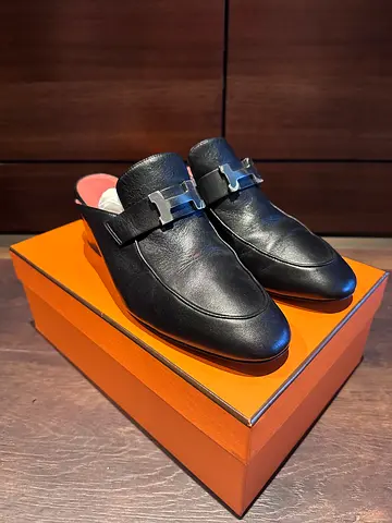 LIKE A NEW HERMES BLACK OZ LOAFERS NAPPA LEATHER 40.5 SIZE