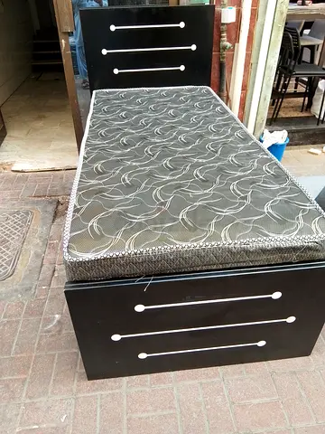 Single bed frame with mattress - black wooden bedside storage