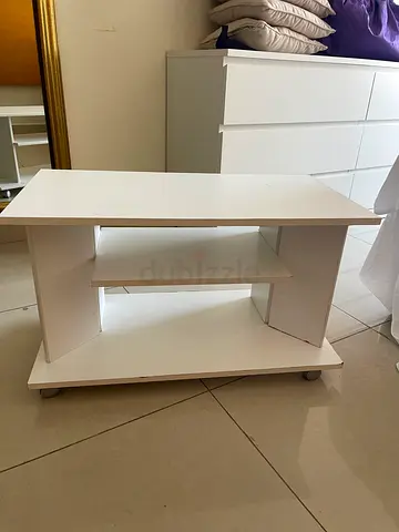 Desk table with wheels and shelves