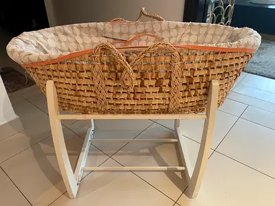Mamas and Papas Wicker Moses Basket with Wooden Rocking Stand - Good Condition