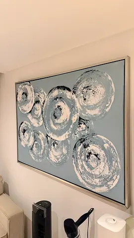 Large Framed Abstract Painting, Blue and White Circles, Silver Frame, Textured