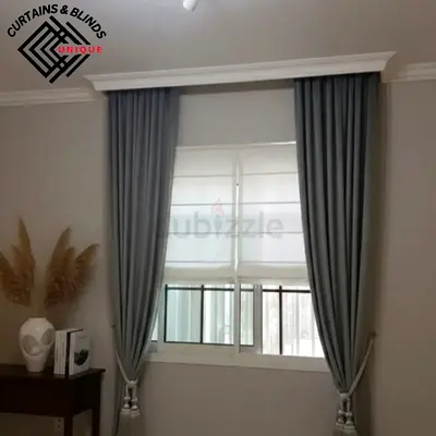Grey blackout curtains with white roman blinds - ready to install