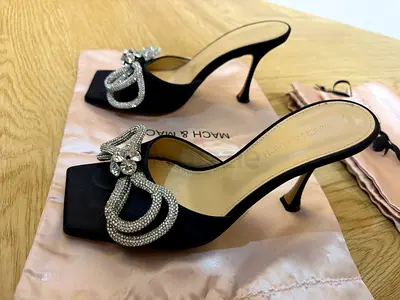 MACH & MACH Crystal Bow Satin Mules – Size 38 – Black