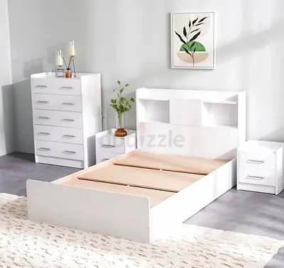 White Wooden Twin Bed Frame with Headboard Storage 120x200