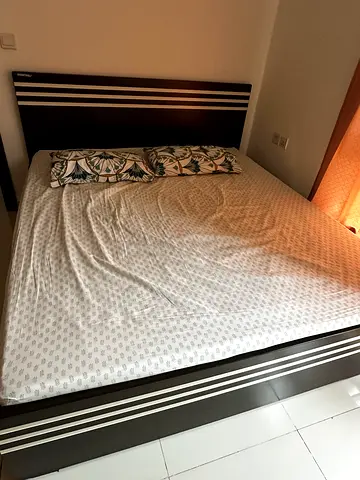 Queen size wooden bed with mattress- dark brown