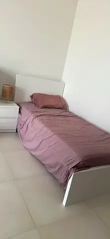 Single white wooden bed frame with mattress + side drawer - good condition