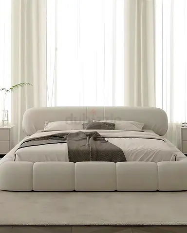 Modern Low-Profile Upholstered King Bed in Cream