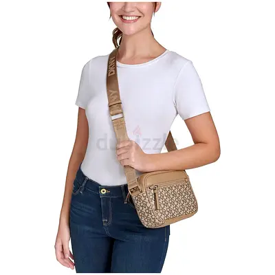DKNY Beige Monogram Crossbody Bag with Wide Logo Strap