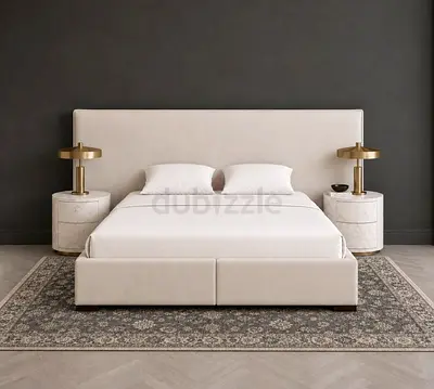 Beige Upholstered Double Bed Frame with Headboard (Only Bed)