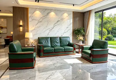 Green Leather 3-Seater Sofa Set with Matching Armchairs and Side Tables
