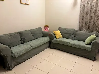 Pair of Comfortable Grey-Green Fabric Sofas – Removable Washable Covers.. well maintained