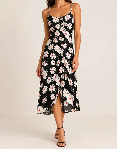 Maison brown Black Floral Midi Slip Dress with Front Twist Detail - Size S