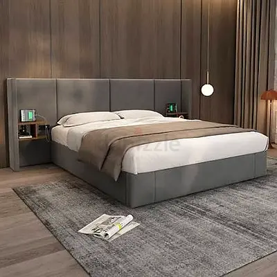 Modern Upholstered Super King Bed with Integrated Headboard Shelves - Grey
