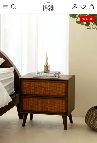 Rattan dark wood bed and Rin Rattan Dark Wood Bedside Table - 2 Drawer Nightstand