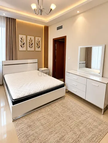 White modern bedroom set: bed, mattress, dresser with mirror & nightstand