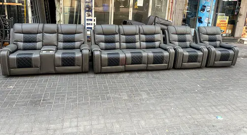5-piece Grey Leather Reclining Sofa Set with Cupholders
