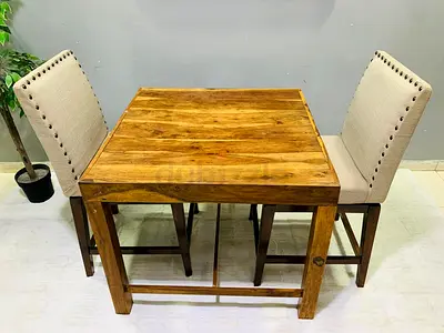 Solid Wood 2-Seater High Dining Table with 2 Upholstered Stools